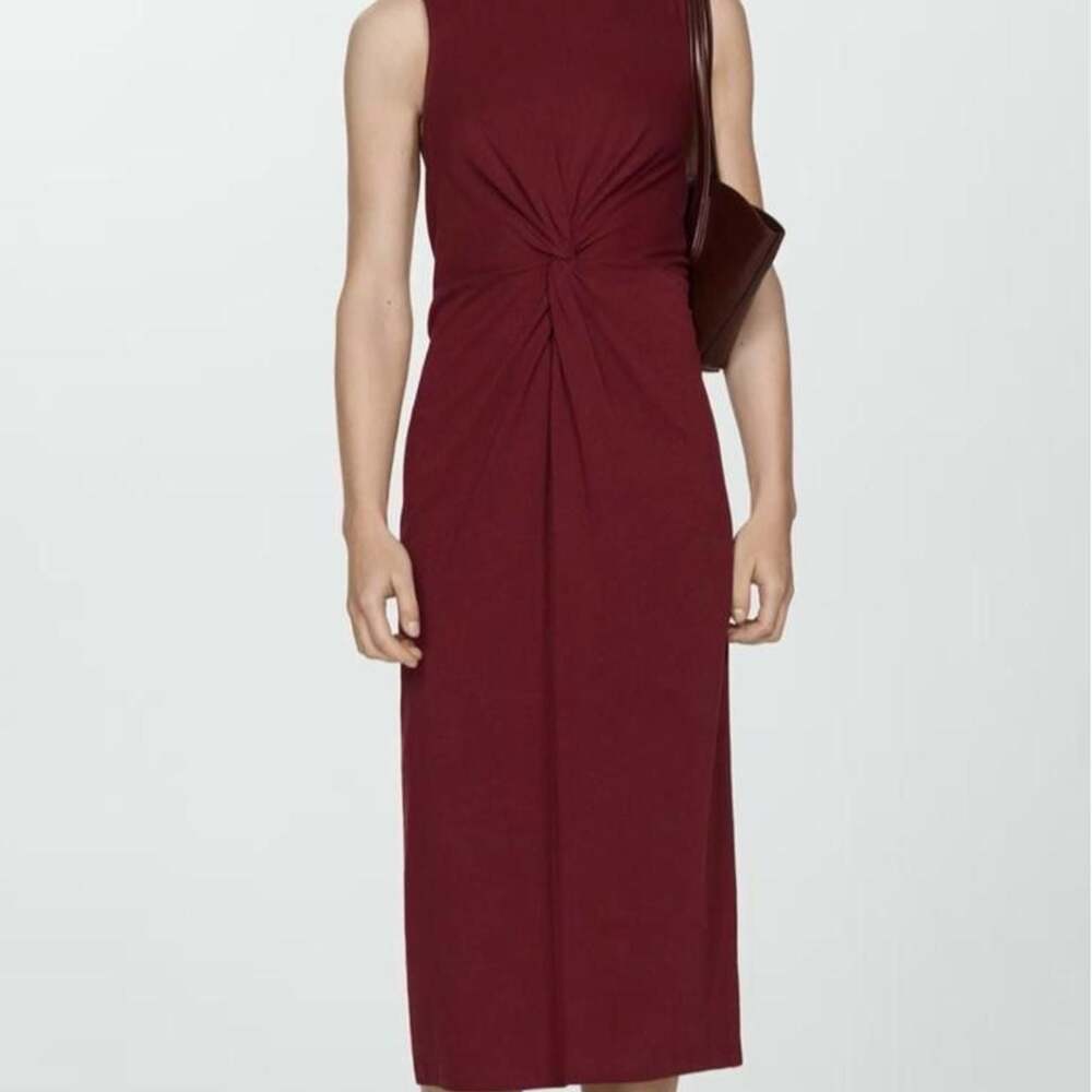 MNG Mango Burgundy Cotton Front Twist Midi Dress Size 12